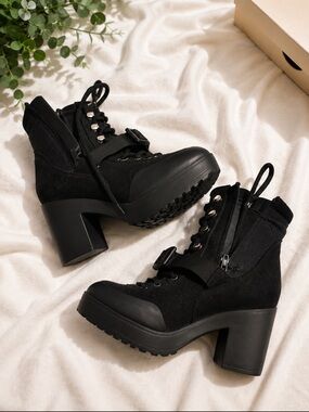 AND Black Lace-Up Chunky Heel Ankle Boots
